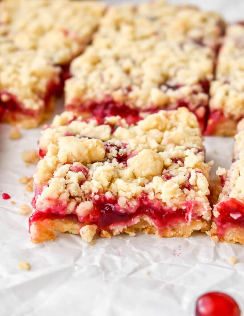 Close up of a Cranberry Bar with streusel topping