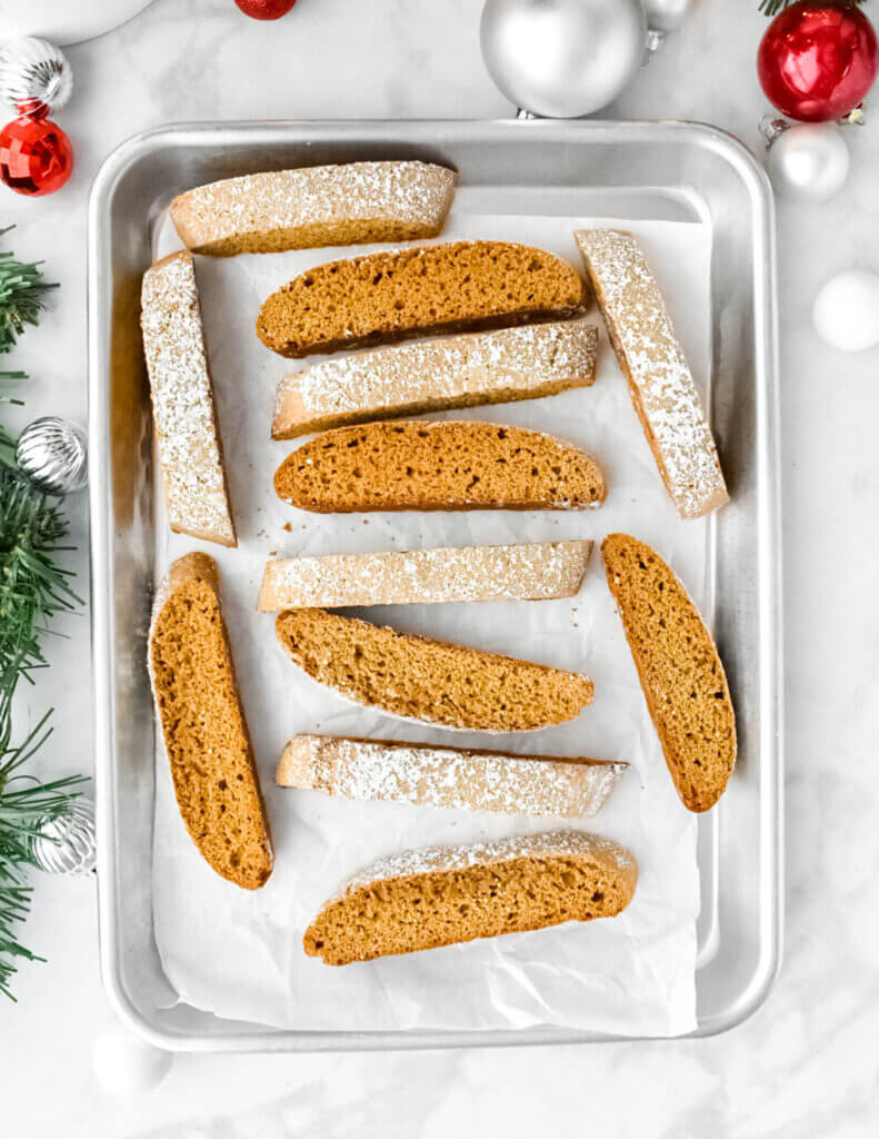 Top view of a tray of gingerbread biscotti