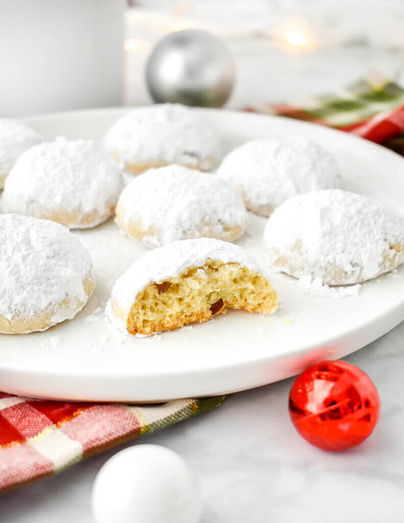 Bite shot of a Kourabiedes cookie