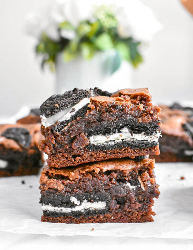 Oreo Brownies showing oreo cookie centers