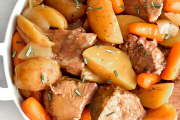 Platter of Slow Cooker Roast Beef with carrots and potatoes