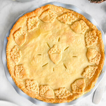Turkey and Leek Pie decorated with acorn and leaf pie cutouts