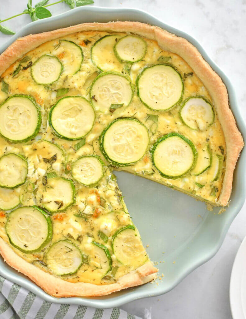 Sliced Zucchini & Feta Quiche with lots of sliced zucchini medallions on top