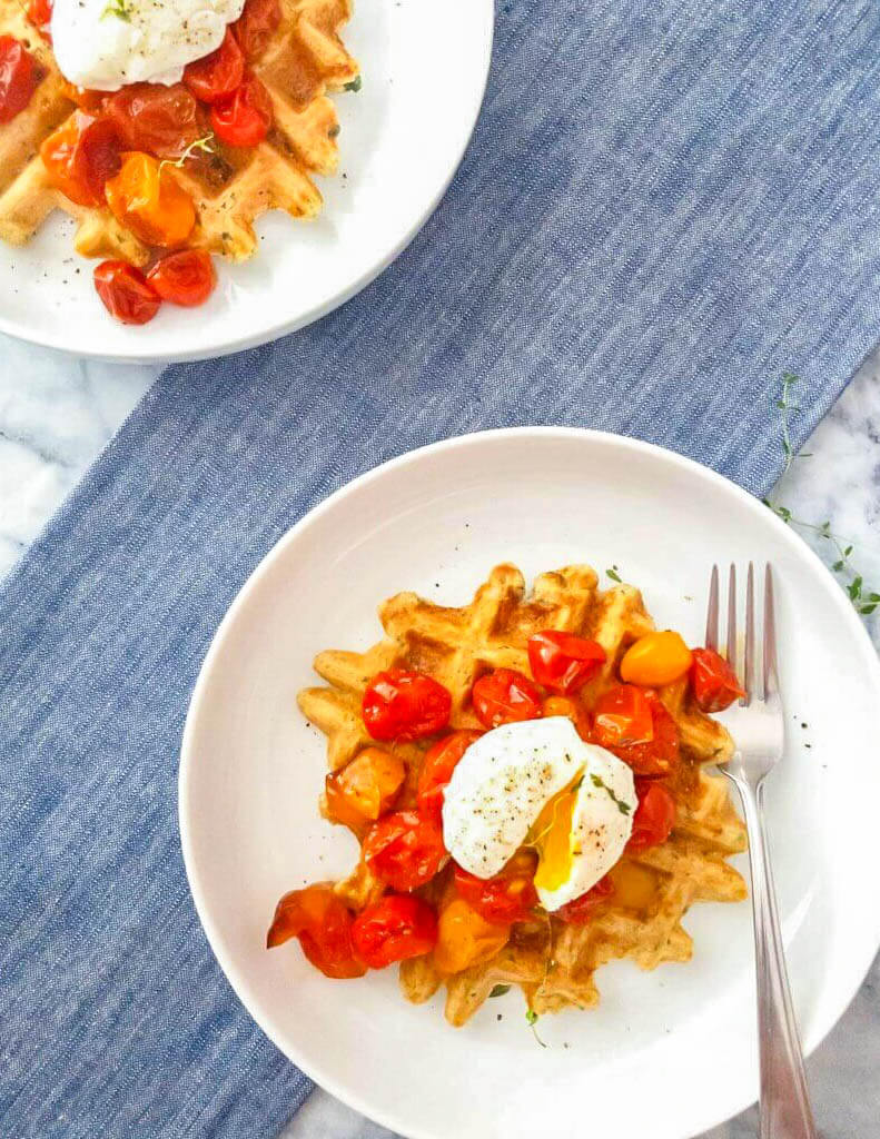 Zucchini Oat Waffles with tomatoes and poached eggs