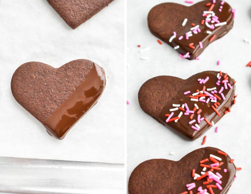 Steps for decorating chocolate sugar cookies with melted chocolate and sprinkles.