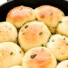 Closeup of round dinner rolls in a cast iron skillet.