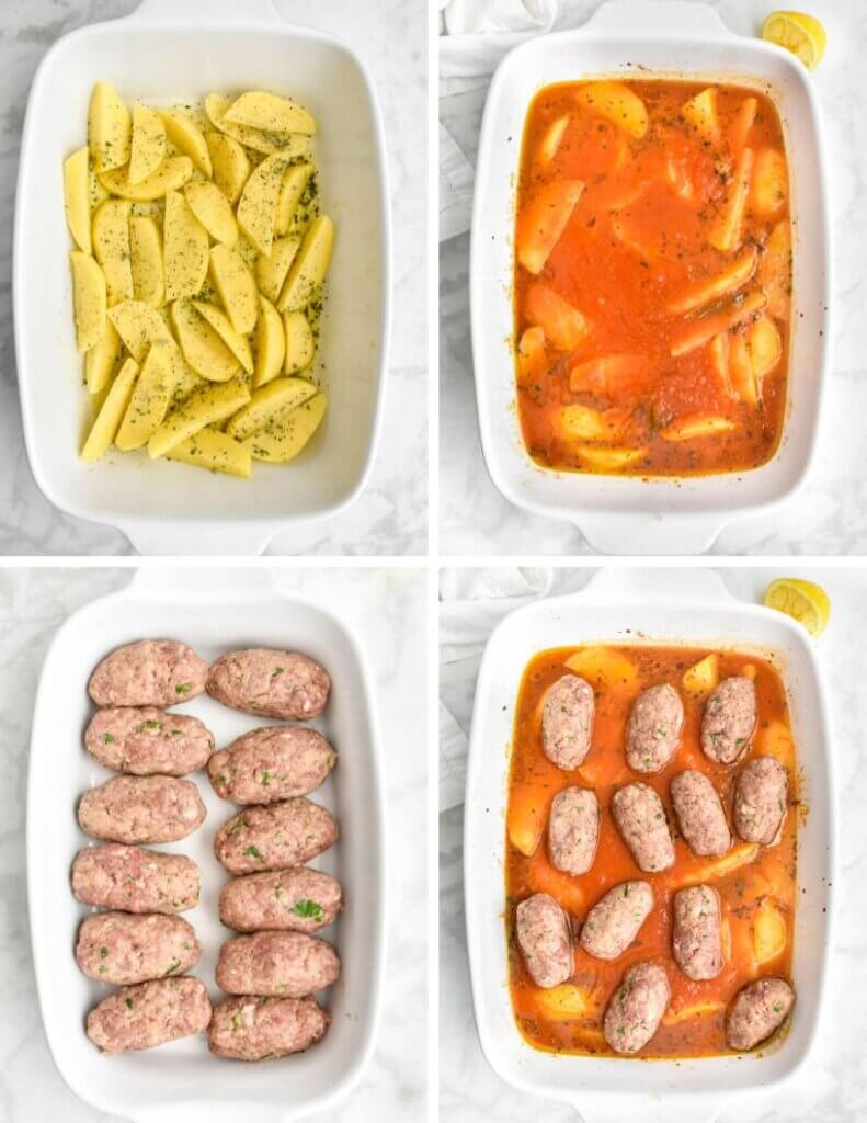 A photo collage showing the steps to make soutzoukakia with potatoes.
