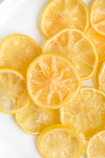 Candied Lemon Slices on a white plate.