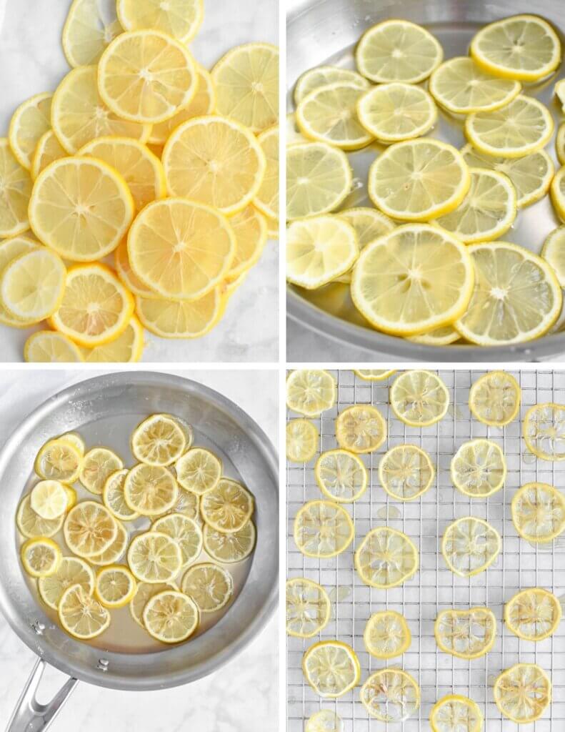 A photo collage showing 4 steps for how to make candied lemon slices.