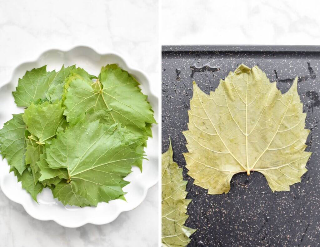 Two photos showing grape leaves before and after blanching them.