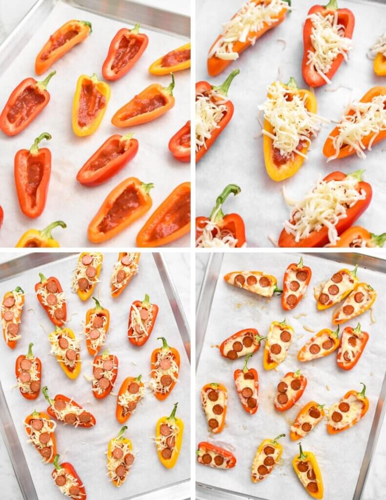 Photo collage showing the steps for making pizza stuffed mini peppers.