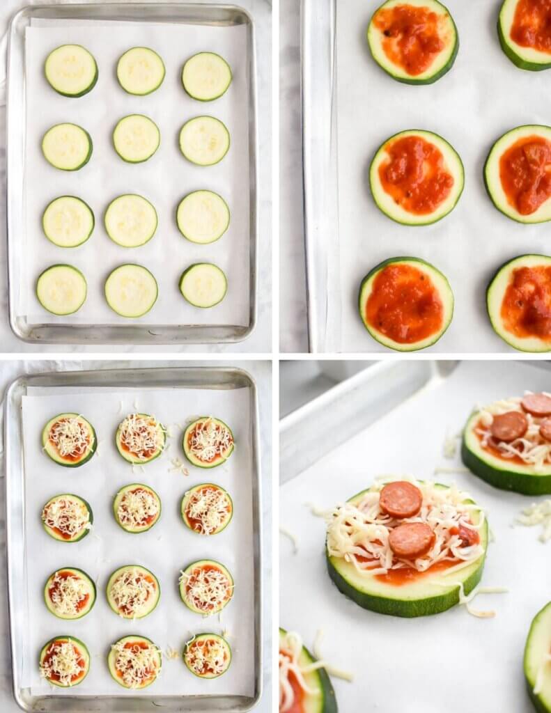Photo collage showing the steps for making Pizza Zucchini Bites.