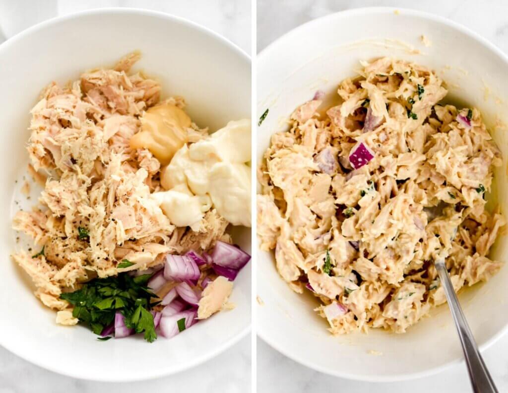 Photo collage showing tuna salad ingredients in a bowl and then mixed together.