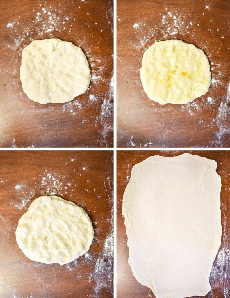Photo collage showing the steps for rolling out homemade filo dough.