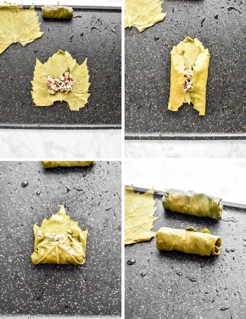 Photo collage showing the steps for making dolmades.