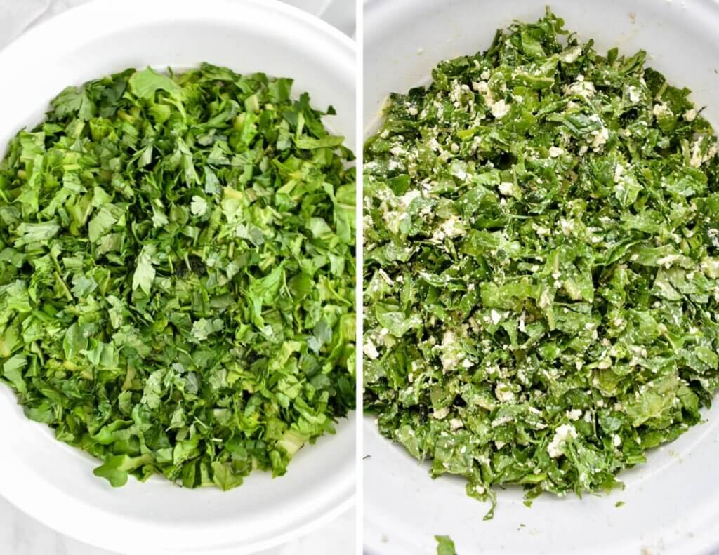 Photo collage with first photo showing the chopped green leafy vegetables for hortopita and the second showing them mixed with feta and ricotta.