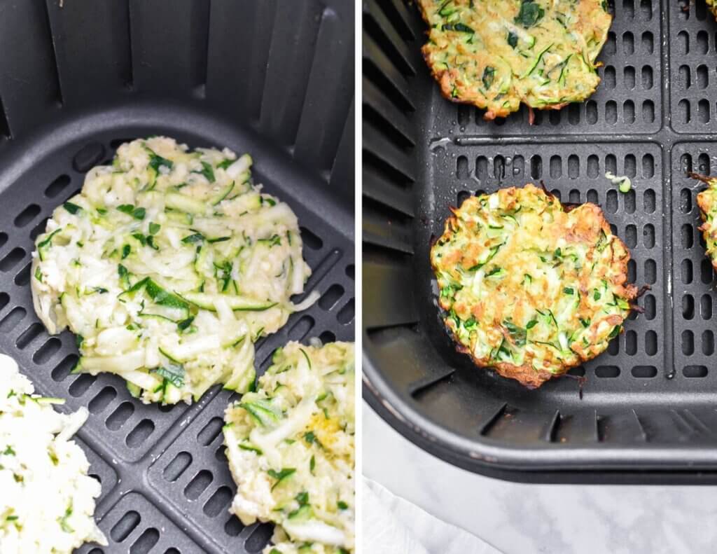 Pre and Post Baked Air Fryer Zucchini Fritters in an air fryer basket.