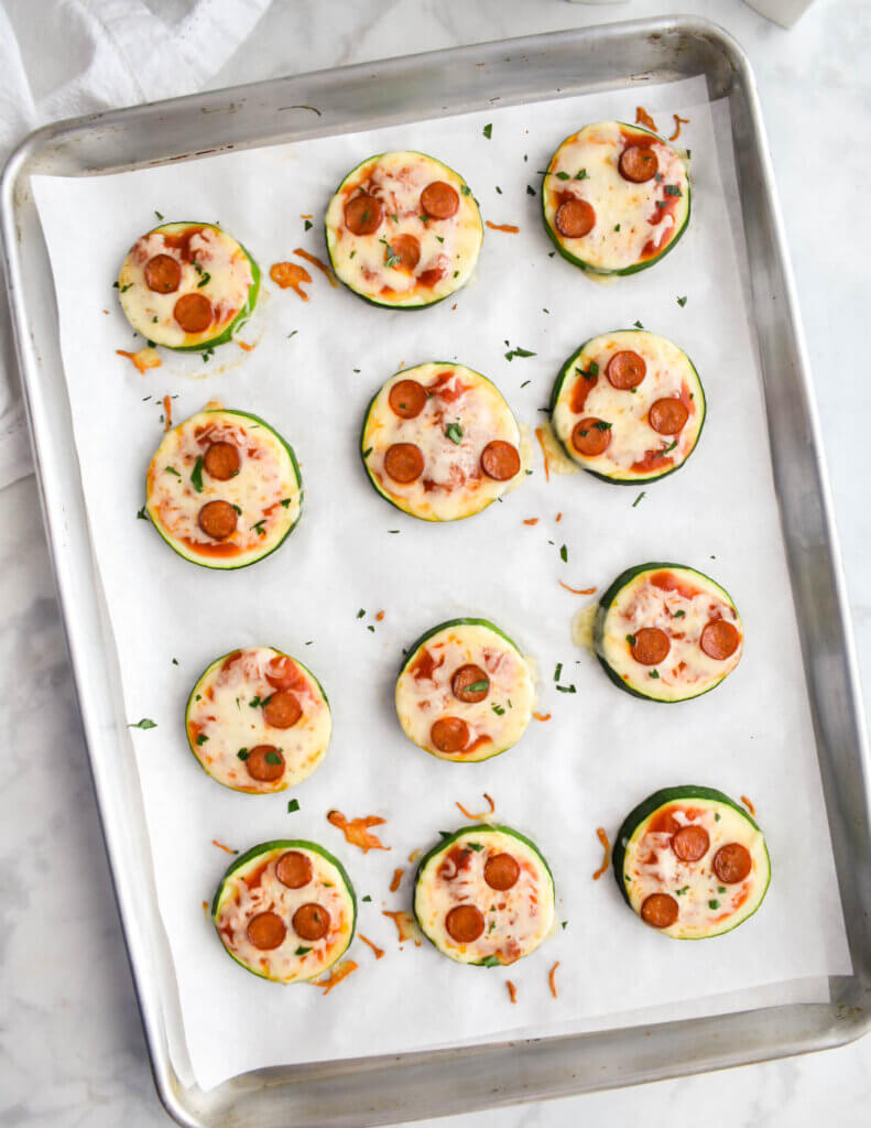 A tray of baked Zucchini Pizza Bites.