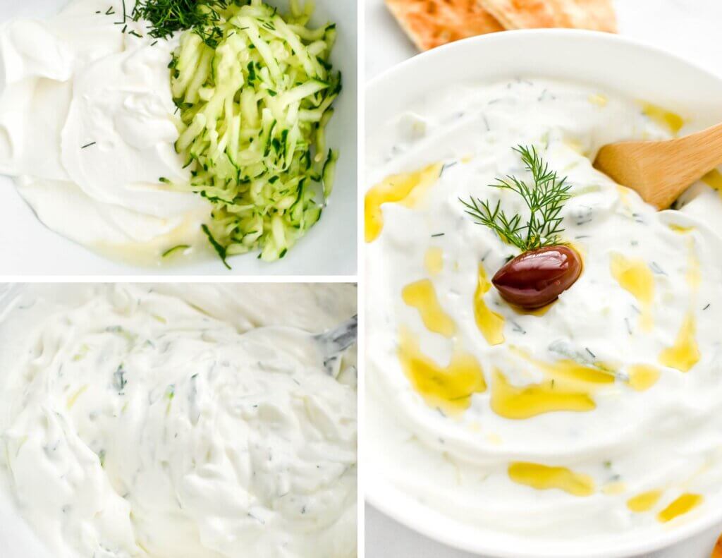 A photo collage showing how to make tzatziki sauce.