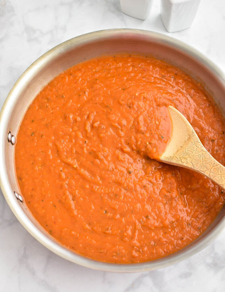 Roasted Tomato Sauce in a sauce pan.