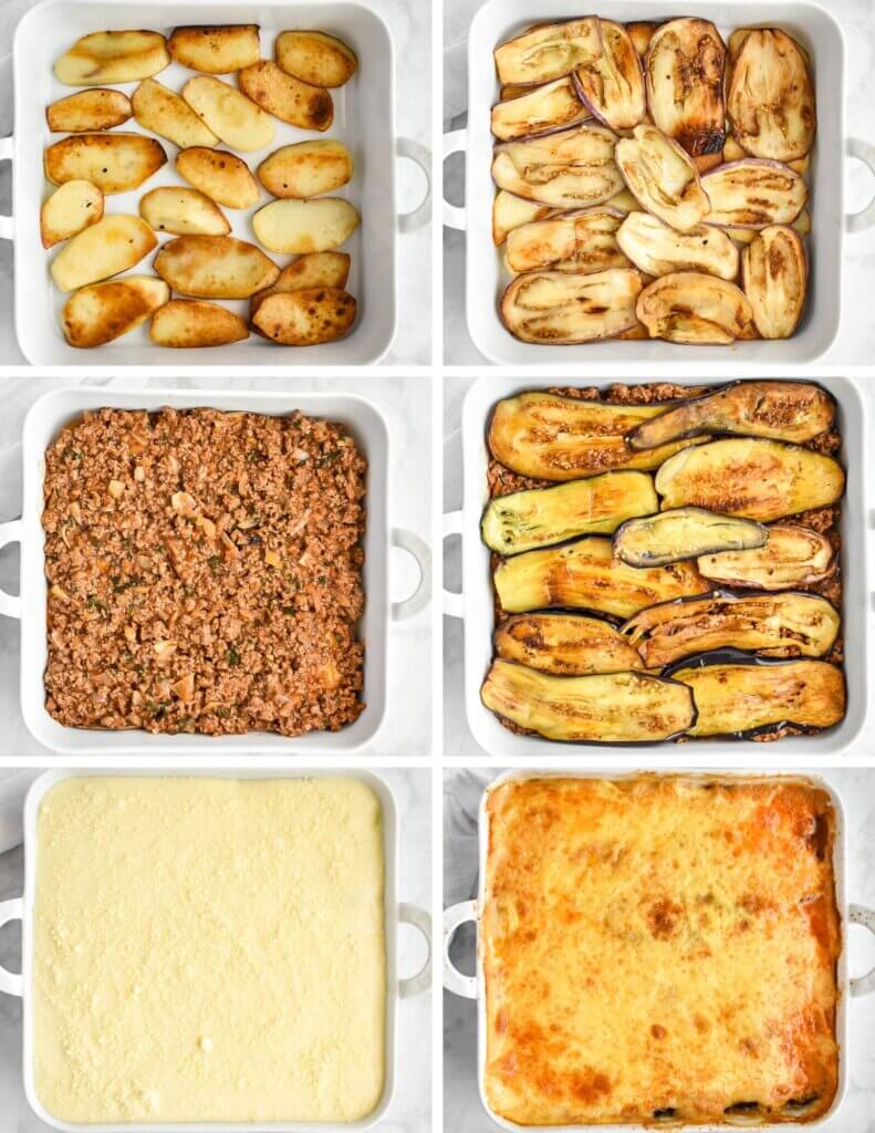 Photo collage showing Steps to Assemble and Bake Moussaka.