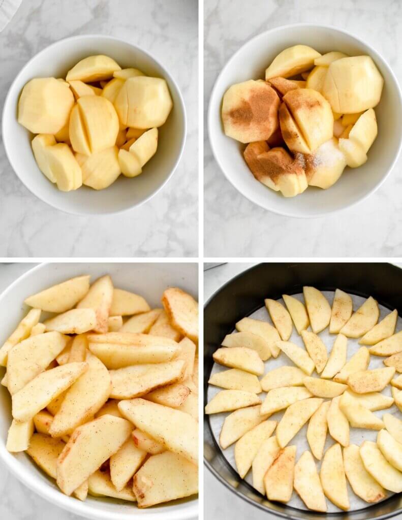 Photo collage showing the steps for preparing the apples for apple cake.