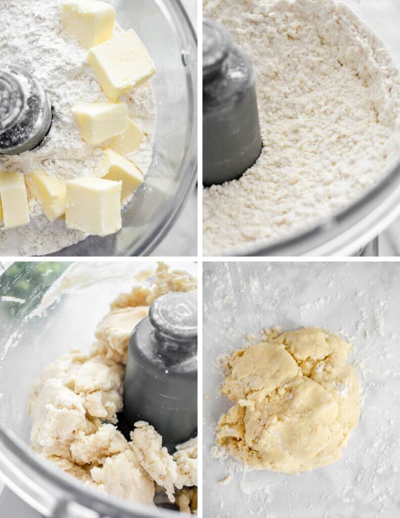 Photo collage showing the steps for making a pie dough in a food processor.
