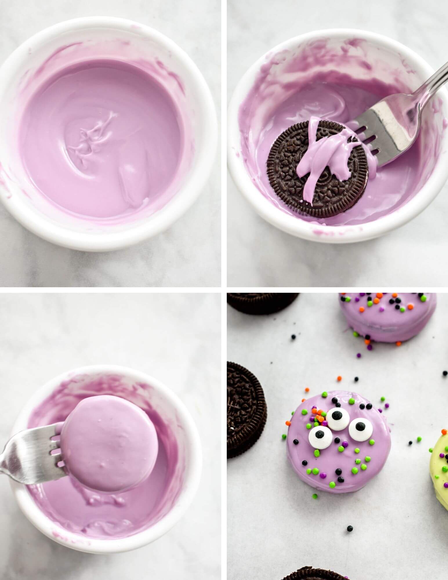 Photo collage showing the steps for making purple monster oreo cookies.