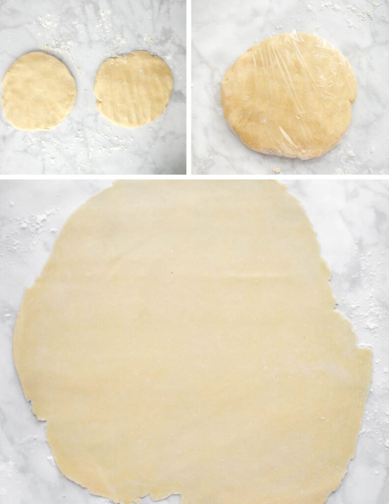 Photo collage showing how to form and roll out pie crust.