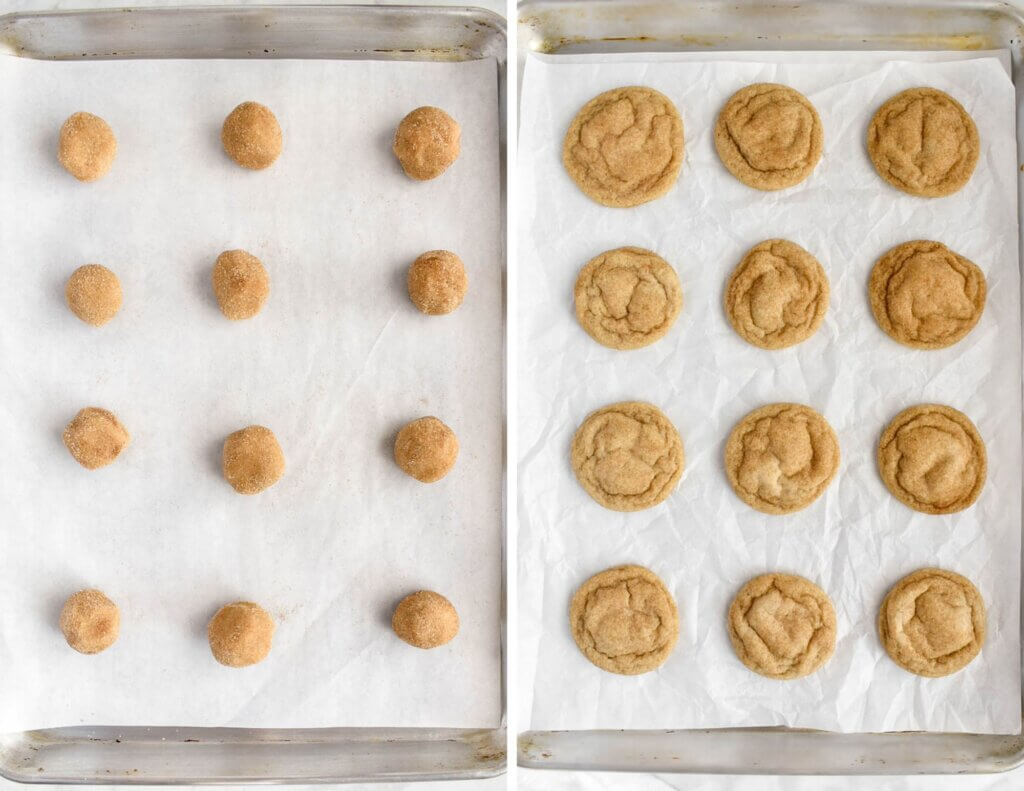 A photo collage showing a tray of snickerdoodles before they are baked and a tray after they baked.