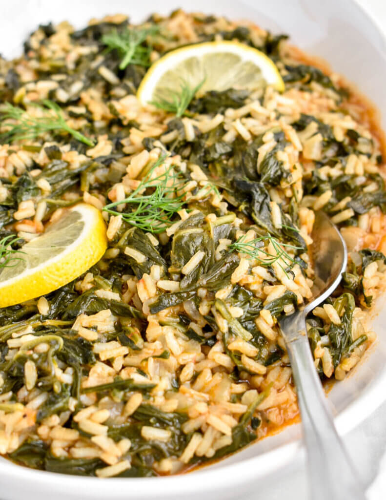 Closeup of Spanakorizo (Greek Spinach and Rice).