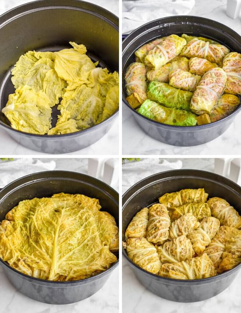A photo collage showing how to cook cabbage rolls in a dutch oven.