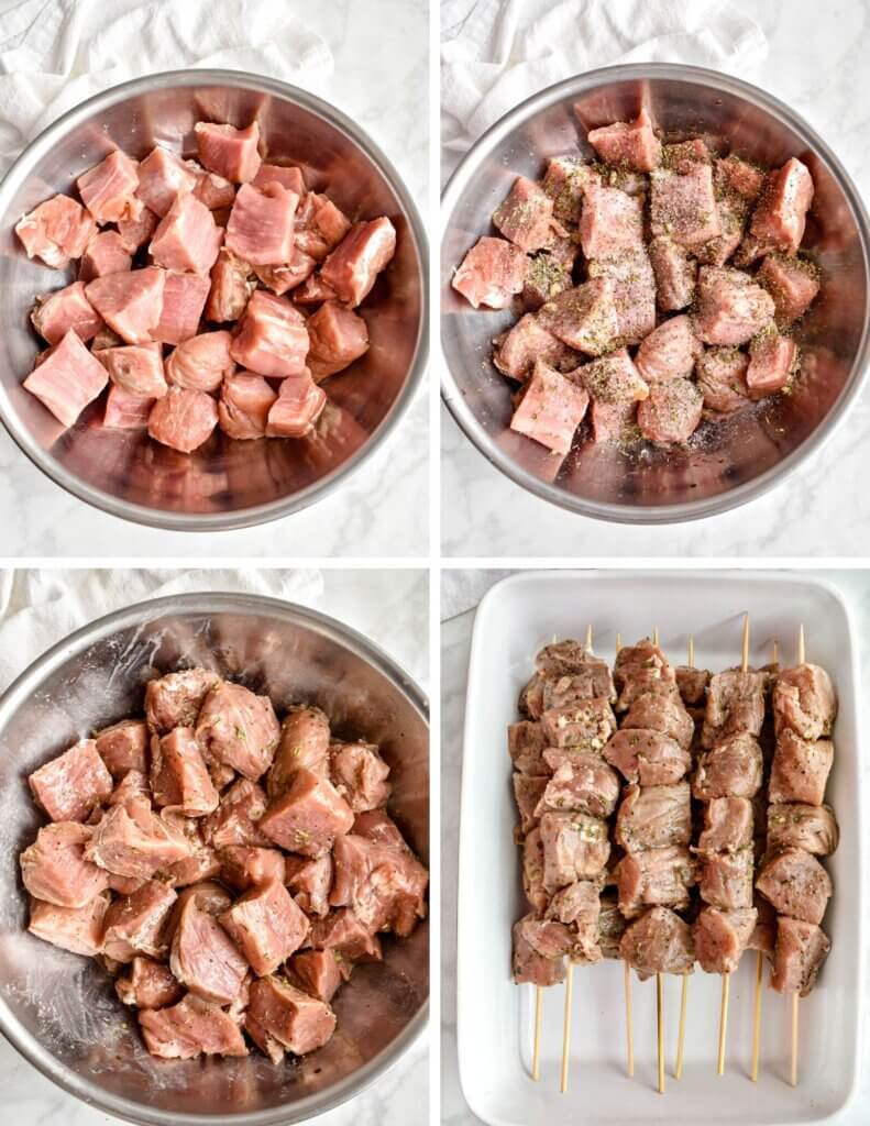 A photo collage showing 4 steps for making pork souvlaki. 