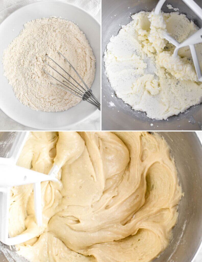 Photo collage showing three steps for making coffee cake batter.