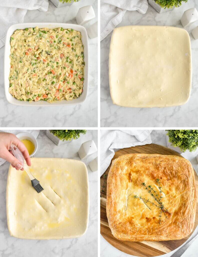 A photo collage showing 4 steps for assembling a turkey pot pie with puff pastry.