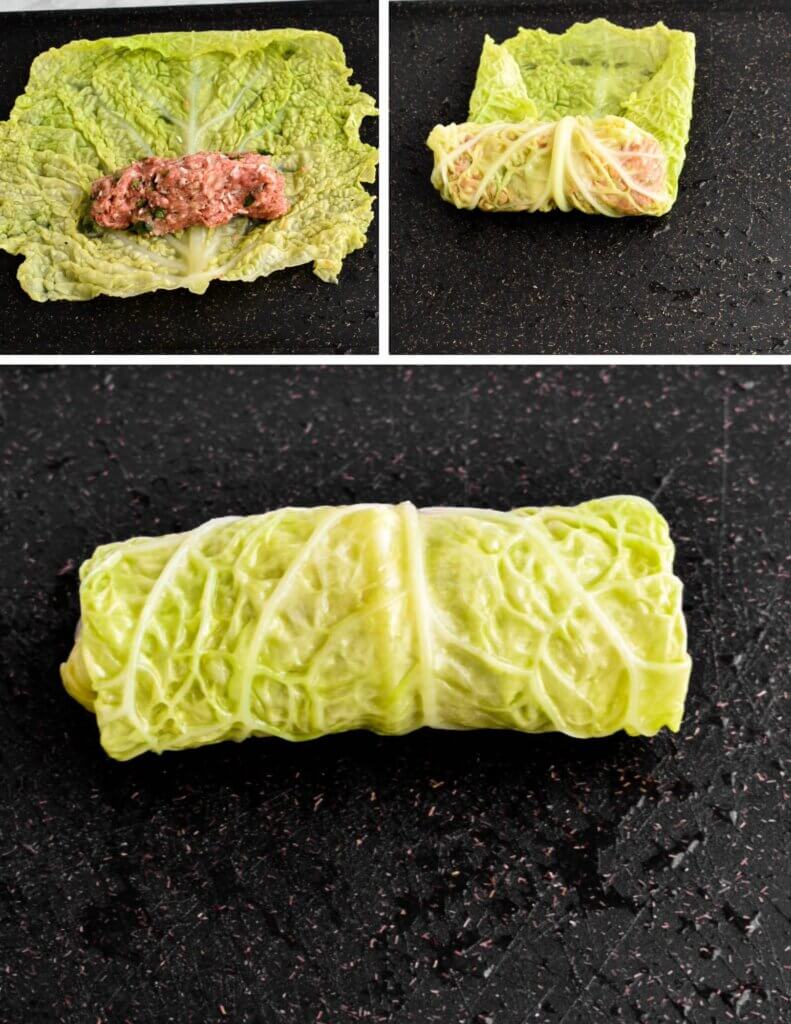 Photo collage showing how to roll cabbage rolls.