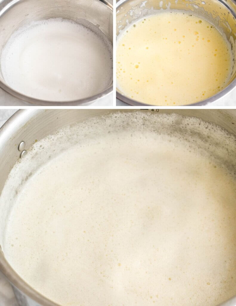A photo collage showing how to prepare avgolemono sauce.