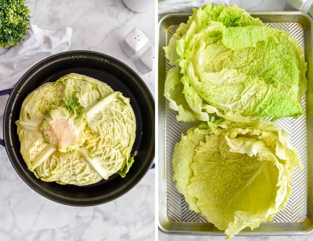 A photo collage showing how to prepare the cabbage leaves for cabbage rolls.
