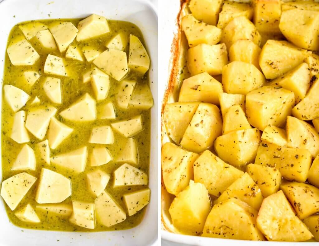 Photo collage showing the before and after photos of creamy greek lemon potatoes.