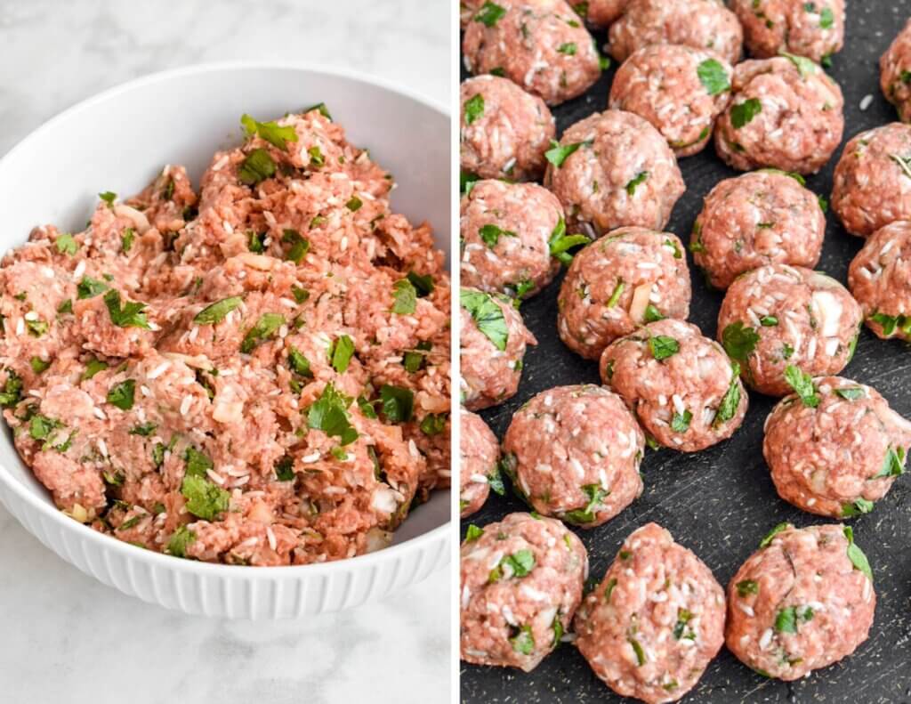 Photo collage showing the forming of meatballs for youvarlakia.