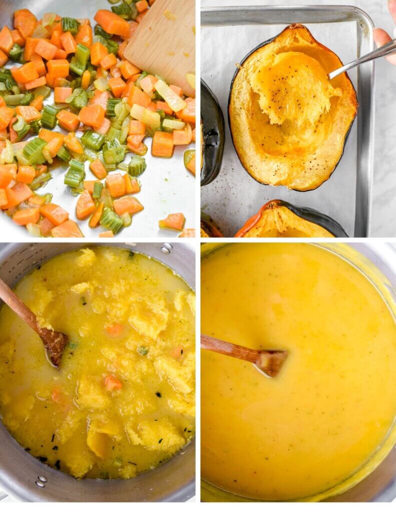 A photo collage showing the steps for making acorn squash soup.