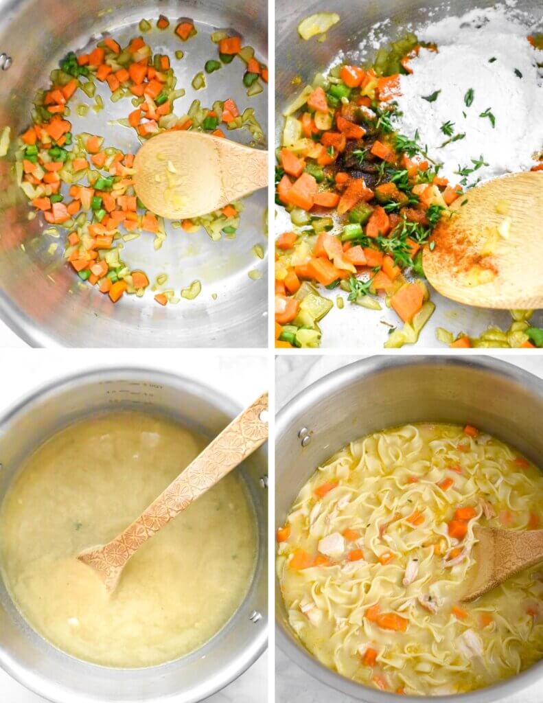 Photo collage showing 4 steps for making easy chicken noodle soup.