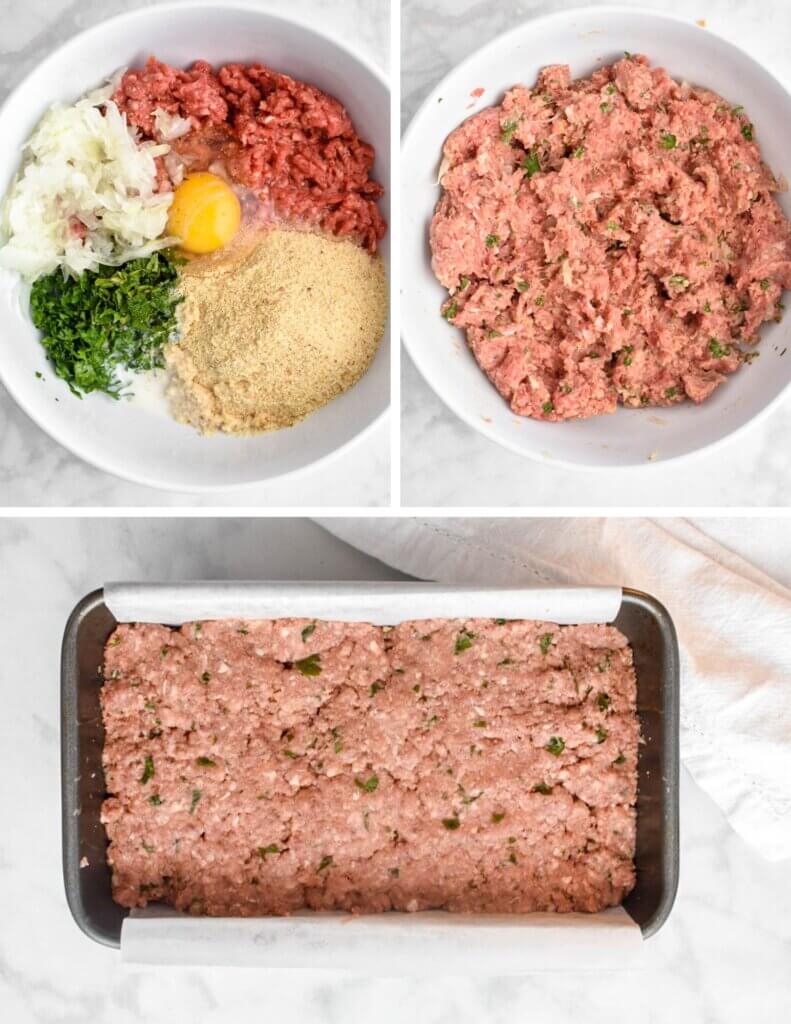 Photo collage showing three steps for forming meatloaf.