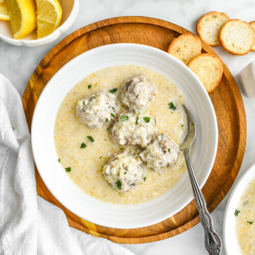 Youvarlakia Avgolemono (Greek Meatball Soup) Herbs & Flour