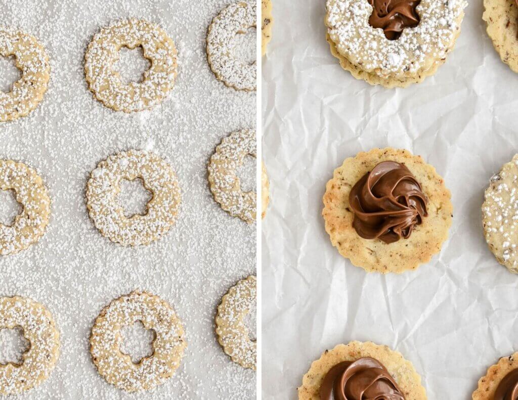 A photo collage with two pictures showing how to assemble the hazelnut sandwich cookies with the first photo showing the cutout cookies dusted with icing sugar on a parchment lined baking sheet and the second photo showing the circular cookies with a dollop of nutella on them.