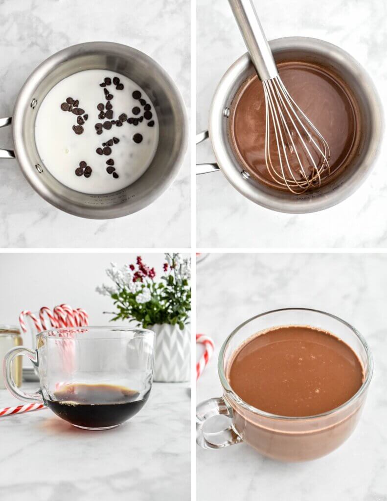 A photo collage showing four steps for making a starbucks peppermint mocha recipe at home.