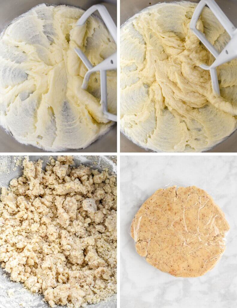 A photo collage showing four steps for preparing the pecan cookie dough.