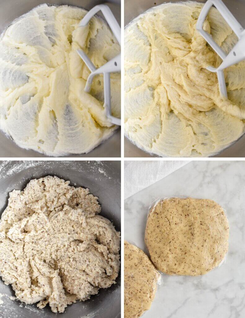 A photo collage showing four steps for preparing the hazelnut cookie dough.