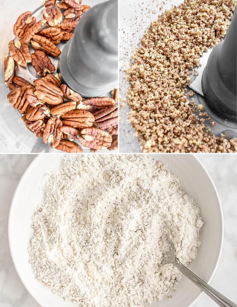 Photo collage showing three steps for preparing the dry ingredients.