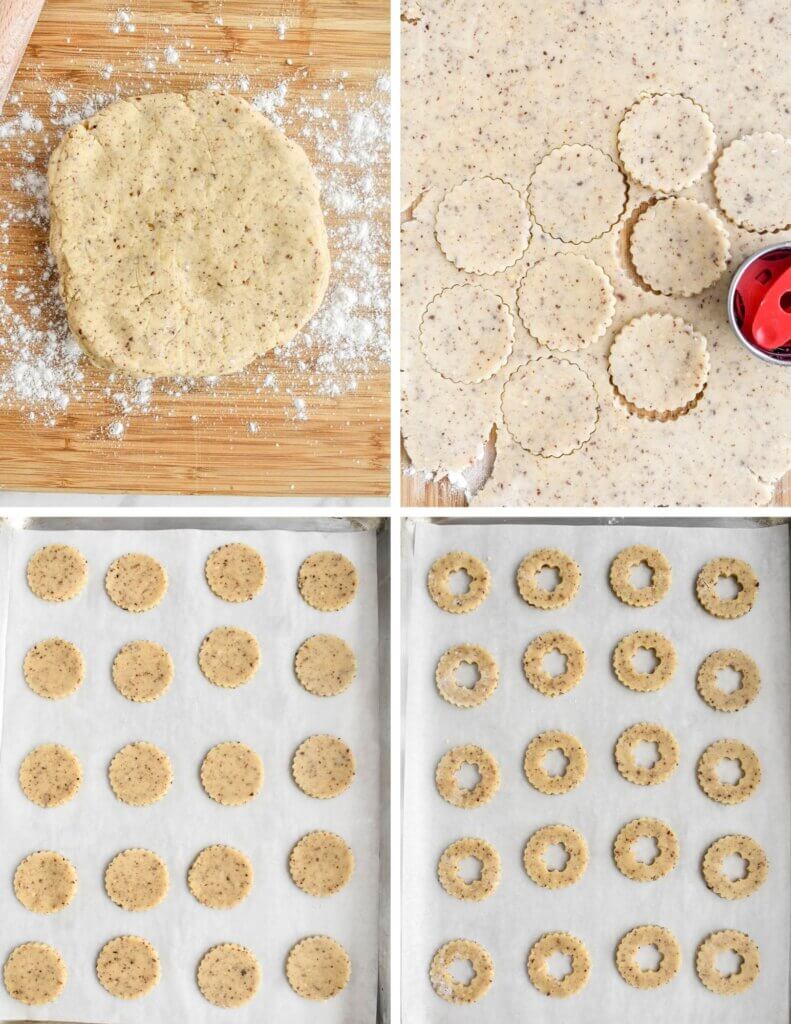 A photo collage showing four steps for rolling out hazelnut cookies.